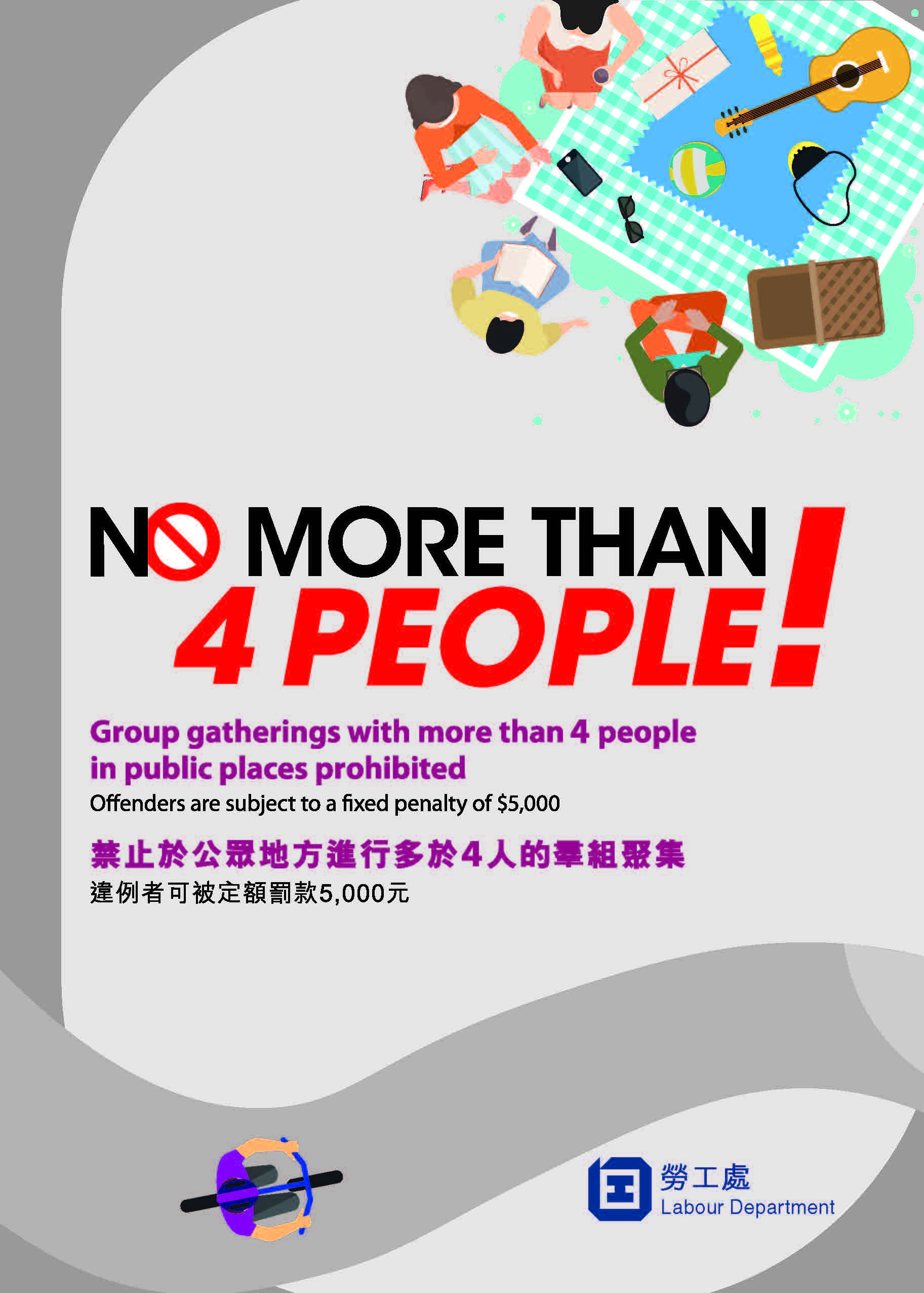 Selebaran dan Poster mengenai “Perkumpulan berkelompok yang terdiri atas lebih dari 4 orang di tempat umum dilarang”